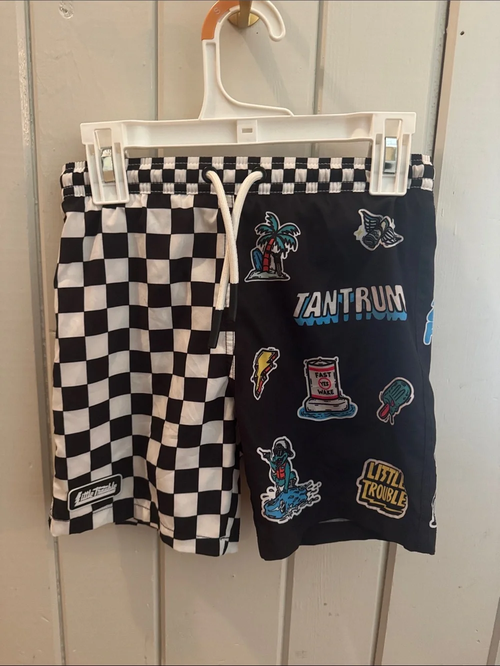 Black Checkerboard & Graphic Patch Kids Swim Trunks